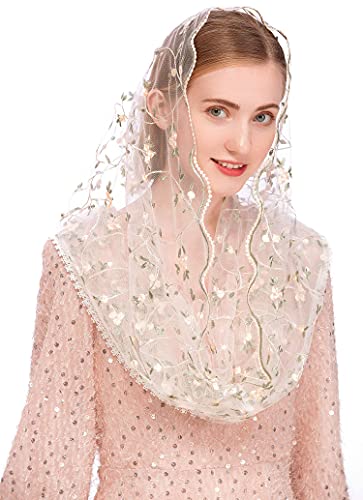 PAMOR Chapel Veils Mantilla Infinity Veil Latin Mass Little Flower Soft Embroidered Lace Head Covering Scarf (White)