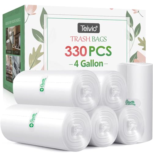 4 Gallon 330 Counts Strong Trash Bags Garbage Bags by Teivio, Bathroom Trash Can Bin Liners, Small Plastic Bags for home office kitchen (Clear)