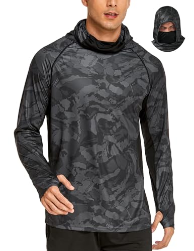 COOrun Men's UPF 50 Sun Protection Hoodies with Mask Built in Hooded Fishing Shirts for Men Long Sleeve Camo Hiking Shirts