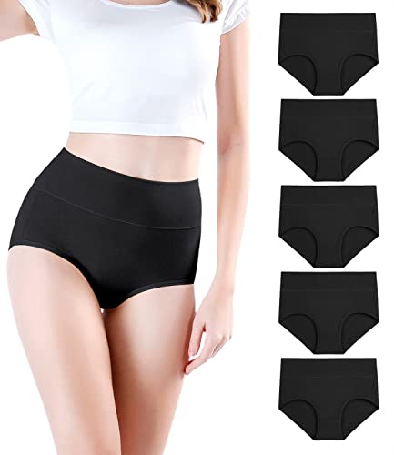 wirarpa Women's Postpartum Underwear High Waisted Ladies Cotton Panties Full Coverage Briefs 5 Pack Black Large