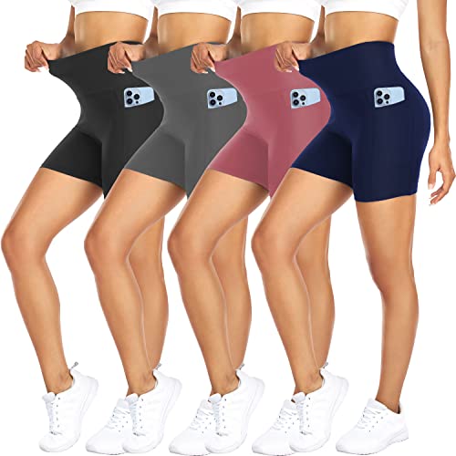 FULLSOFT 4 Pack Biker Shorts for Women – 5' High Waist Tummy Control Workout Yoga Running Compression Exercise Shorts with Pockets(4 Pack Black/Navy Blue/Grey/Pink,Large-X-Large)