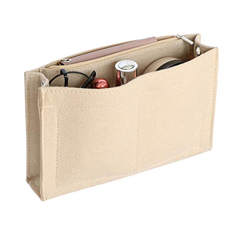 Joqixon Mini Felt Purse Organizer Insert Small Tote Bag organizer with Zipper Beige