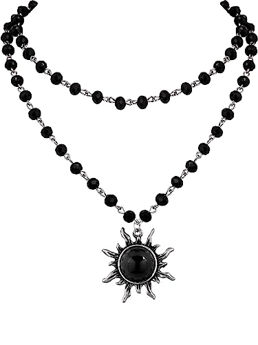 Sacina Gothic Black Sun Necklace, Black Sun Crystal Pendant, Black Bead Choker Necklace, Gothic Necklace, Goth Necklace, Halloween Christmas New Year Jewelry Gift for Women