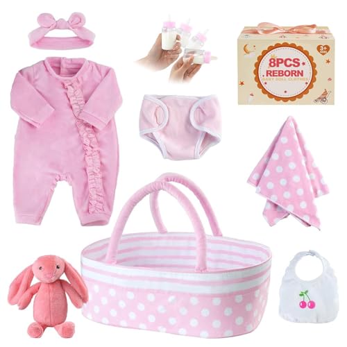 BABESIDE 8 Pcs Reborn Baby Doll Clothes with Bassinet for 17-22 Inch Baby Doll, Baby Doll Clothes Outfit Accessories fit Newborn Baby Doll Girl