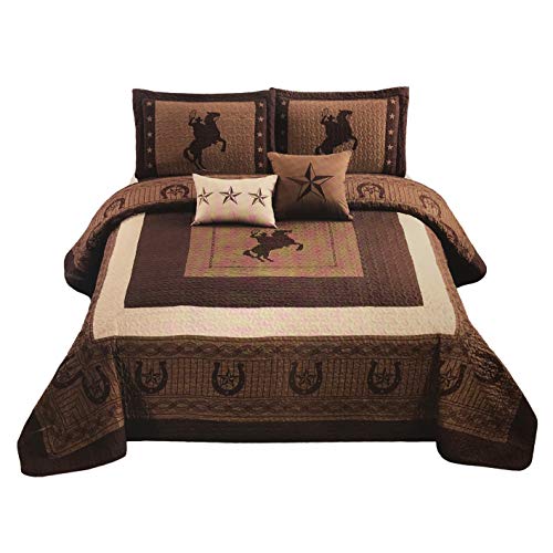 Western Collection New 5 Pieces Western Stars and Horses Cowboy Luxury Home Quilt Bedspread Oversize Comforter with Cushions (Queen, Brown Horse)