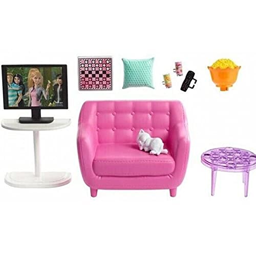 Barbie Indoor Furniture Playset, Living Room Includes Kitten, Furniture and Accessories for Movie and Game Night