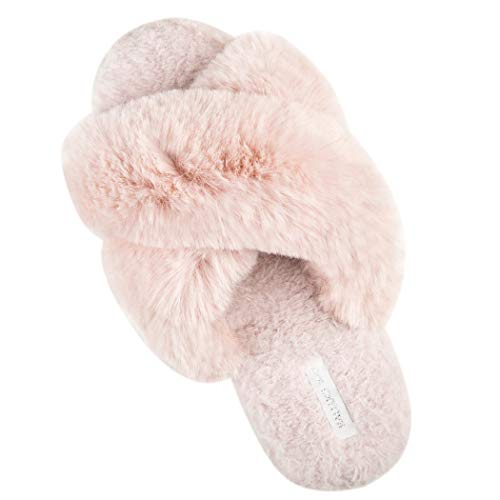 HALLUCI Women's Cross Band Soft Plush Fleece House Indoor or Outdoor Slippers (Large, Pink)