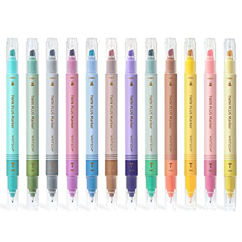 WRITECH Dual Tip Highlighter Markers: Aesthetic Fine & Chisel Tip Pastel Vintage Marker Multicolor Pens Pack No Bleed & Smear for Bible Highlighting Journaling, Assorted Colors 12ct