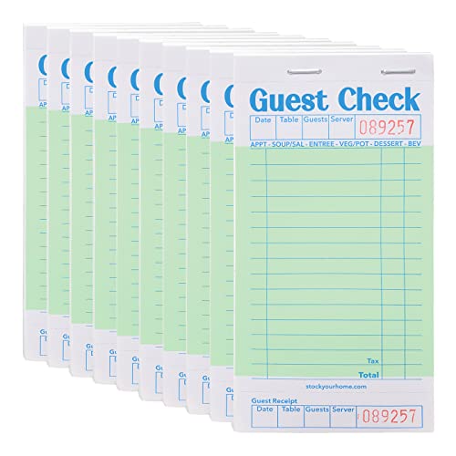 Stock Your Home Green Guest Check Books for Servers (10 Pack) Server Note Pads, Waiter Checkbook, Food Receipt Book, Restaurant Order Pad, Paper Checks, Waitress Accessories, 500 Total Tickets