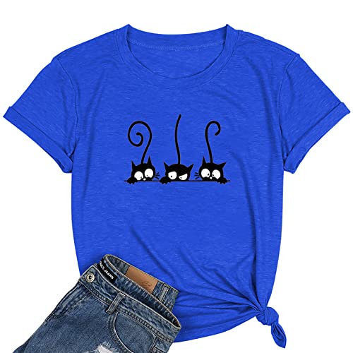 NIUBIA Women's Three Cats Printed Shirts New Novelty T-Shirts Cute Teen Girls Casual Tops