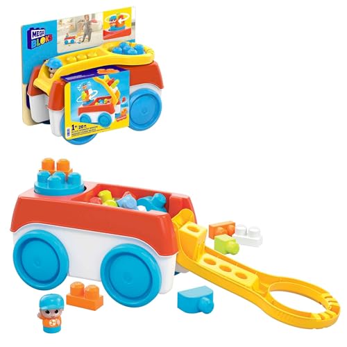 Mega BLOKS Fisher-Price Toddler Building Toy, Block Spinning Wagon with 20 Pieces and Storage, 1 Figure, Gift Ideas for Kids Age 1+ Years