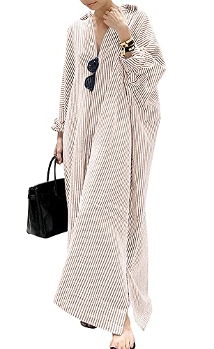 chouyatou Women's Casual Long Sleeve Button Down Loose Striped Cotton Maxi Shirt Dress (Large, Khaki)