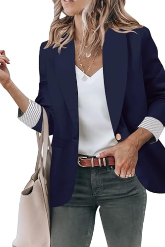 Genhoo Women's Long Blazer Jacket Casual Notched Lapel One Button Work Office Blazer Jacket Suit Navy Blue L