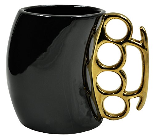Caliber Gourmet Brass Knuckles Handle Self Defense Ceramic Coffee Mug, Black and Gold