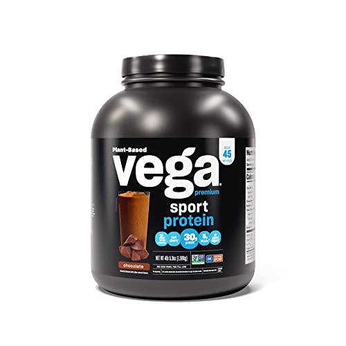 Vega Sport Premium Vegan Protein Powder Chocolate(45 Servings) 30g Plant Based Protein,5g BCAAs,Dairy Free,Gluten Free,Non GMO,Pea Protein for Women and Men,4lbs 5.9Oz(Packaging May Vary)