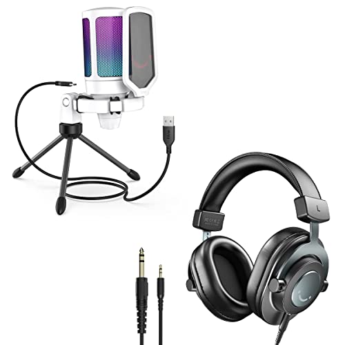 FIFINE PC Gaming Recording Microphone, 1/4’’ and 1/8’’ Auido End Headphones, RGB Streaming Podcasting Desktop Mic Monitoring Headphones Bundles for Online Game, Vocal-White (A6W+H8)