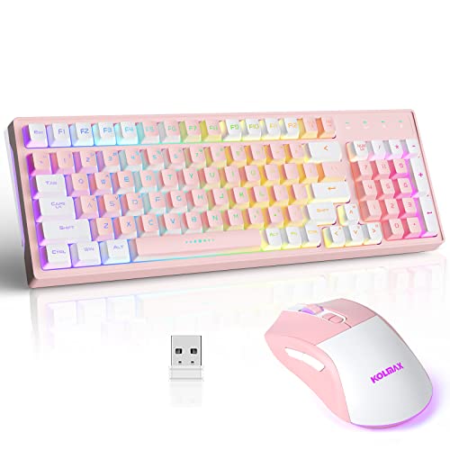 CK98 Wireless Gaming Keyboard and Mouse Combo,Rechargeable RGB Pink Gaming Keyboard RGB Backlit 98 Keys Mechanical Feeling Dual Color Keyboard and Gaming Mouse 3200DPI for PC Mac Gamers(PinkWhite)