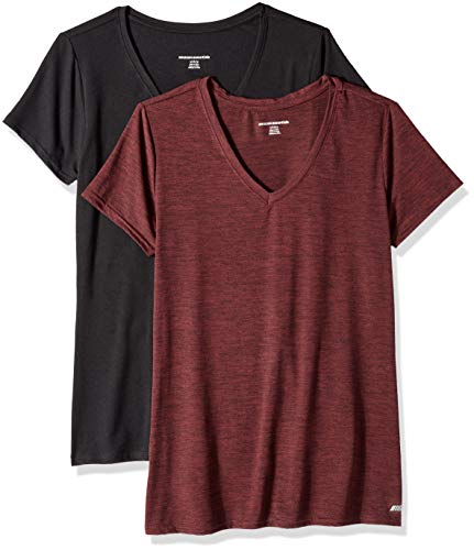 Amazon Essentials Women's Tech Stretch Short-Sleeve V-Neck T-Shirt (Available in Plus Size), Pack of 2, Black/Burgundy Space Dye, Large