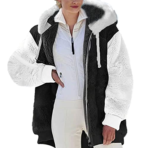 Blczomt Monday Cyber Deals 2023 Winter Coats for Women Faux Fur Zip Up Sherpa Teddy Jackets Fashion Color Block Fuzzy Fleece Oversized Cardigan Coat Friday Black Deals 2023 Women Coat White 2x