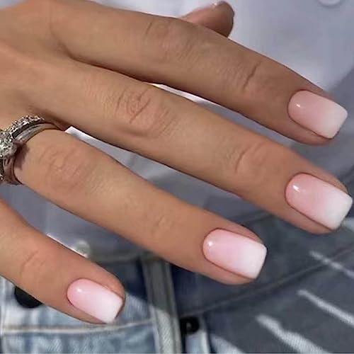 DANMANR Square Press on Nails Short Fake Nails French Acrylic Full Cover False Nails for Women and Girls 24PCS (White Pink)