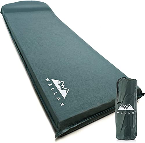 WELLAX Sleeping Pad - Foam Camping Mats, Fast Air Self-Inflating Insulated Durable Mattress for Backpacking, Traveling and Hiking - Ultrathick All-Weather Foam Pad with Build in Pillow (Green-3')
