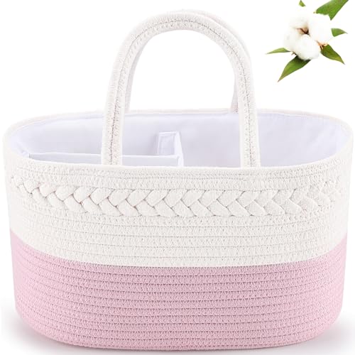 ABenkle Baby Diaper Caddy, Nursery Storage Bin and Car Organizer for Diapers and Baby Wipes, Cotton Rope Diaper Basket Caddy, Changing Table Diaper Storage Caddy Baby Gift Baskets -Pink