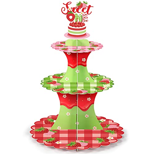 Rtteri 3 Tier Strawberry Themed Party Cupcake Stand Decorations Berry First Birthday Cupcake Holder Decor Summer Fruit Dessert Tower for Kids Girl Baby Shower Sweet 1st Birthday Party Supplies