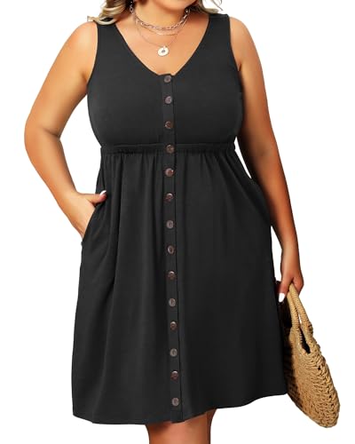 Holipick Women's Plus Size Summer Dresses for Women Casual Dress with Pockets A-Line Swing Button Down Sleeveless V Neck Black