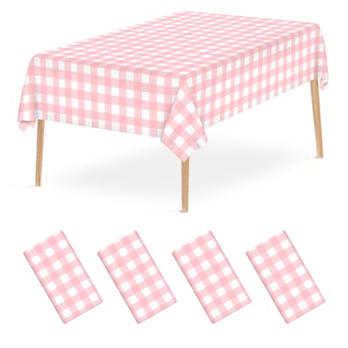4 Pcs Pink Gingham Tablecloth 54 × 108 Inches Pink and White Checkered Table Cloth Disposable Plastic Waterproof Tablecover for Outdoor Picnic, Birthday Party, Holiday Dinner