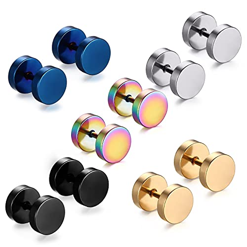 Feramox Stainless Steel Mens Womens Stud Earrings Set Ear Piercing Plugs Tunnel Punk Style(7MM)