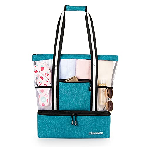 Alameda Mesh Tote Beach Bag - Cooler Bags Insulated for Travel, Zipper Top High Capacity Beach Pool Bag Blue