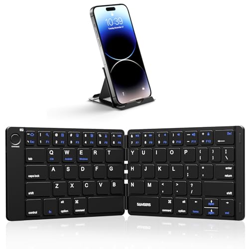 Samsers Foldable Bluetooth Keyboard - Portable Wireless Keyboard with Stand Holder, Rechargeable Full Size Ultra Slim Keyboard Compatible IOS Android Windows Smartphone Tablet and Laptop-Black