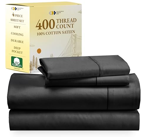 California Design Den 100% Cotton Sheets - Softest 4-Pc Queen Sheet Set, Cooling Sheets for Queen Size Bed, Deep Pockets, 400 Thread Count Sateen, Bedding Sheets & Pillowcases, Queen Sheets (Black)