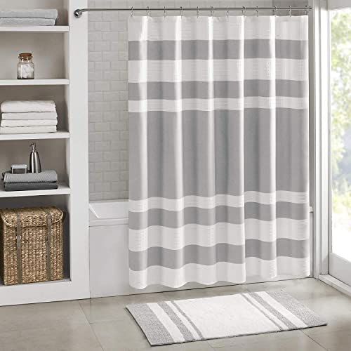 Madison Park Shower Curtain, Waffle Weave, Pieced Design Fabric Shower Curtain with 3M Scotchgard Moisture Management, Premium Spa Quality Modern Shower Curtains for Bathroom, Standard 72'x72' Grey
