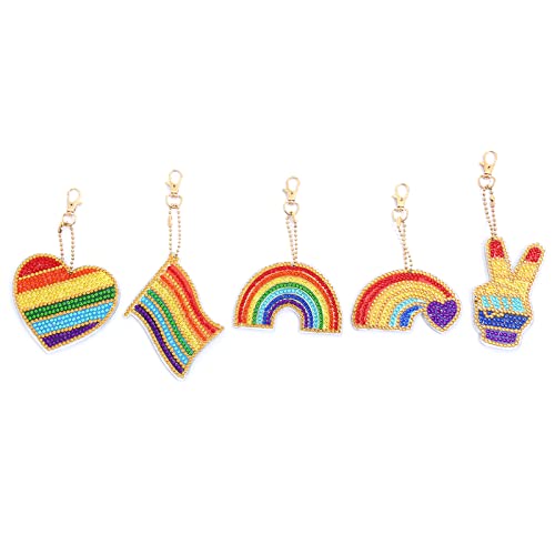 MWOOT 5Pcs 5D DIY LGBT Rainbow Diamond Art Painting Keychain Kit, Double Sided Full Drill Rhinestone Painting Key Ring Pendant for Kids Adults Beginners Backpack Handbag Decoration