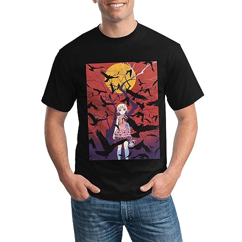 Monogatari Series Shirt Men's Pattern Custom Short Sleeve Tshirt Fashion Crew Neck Tees Black Large