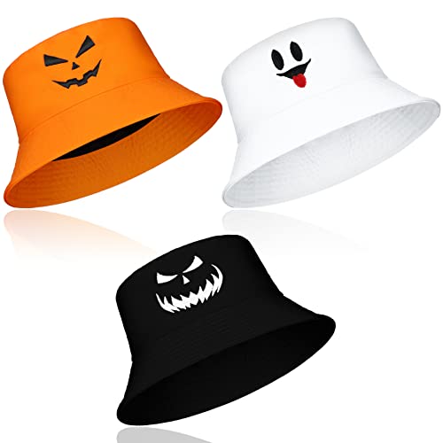 3 Pcs Halloween Bucket Hat Unisex Breathable Halloween Pumpkin Fishing Hat Funny Ghost Embroidery Hat for Women Men Cosplay Party, Black Orange White