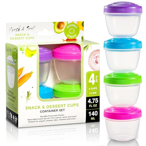 Snack Containers (4 Set) - 4.75 Oz Small Food Storage Cups with Lids - Fruit, Nuts, Sauce, Condiments & Salad Container for Lunch Box - Reusable Dessert Cups, Microwave & Freezer Friendly, BPA-free