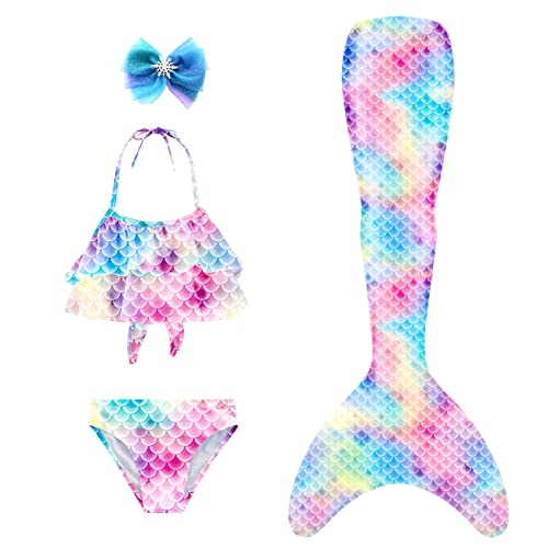 Mskseciy Mermaid Tails Swimsuit for Girls Swimming 3Pcs Mermaid Princess Bathing Suit for 4-13 Year Old (A B Dream Pink Mermaid, 4-5 T)