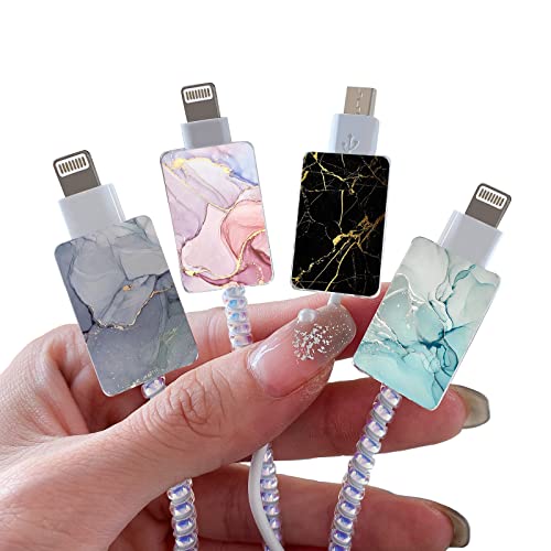 Cute Colorful Cable Protector for iPhone Type-c Charger,Kawaii Luxurious Marble Print Pattern 4 pcs Set USB Cable Protector for Women Girls,Charging Cord Protector,Cable Chomper,USB Charger Saver