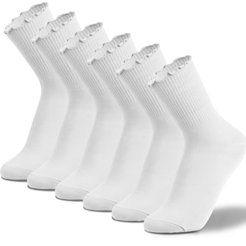 sevening White Ruffled Socks For Women - 6Pairs Frilly Curn-Cuff Lettuce Edge Ankle Socks， Breathable Casual Cute Crew Socks