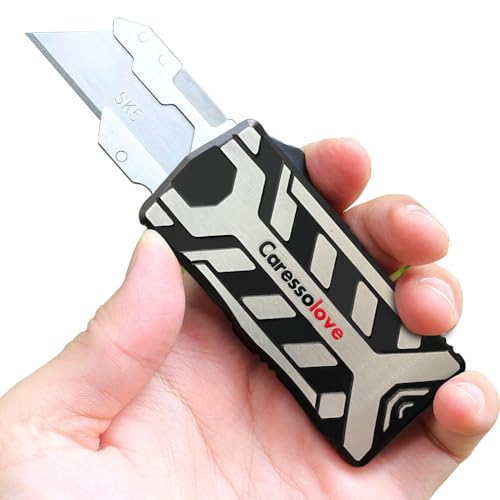 Best Aluminum Alloy Auto Retractable Box Cutter, Replaceable Safety Blade EDC Pocket Knife, Heavy Duty Self Retracting Small Utility Knives With Clip, Black With 5 Extra Blades