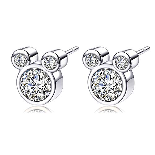 Mouse Stud Earring,S925 Silver Plated Earrings with Sparkling Cubic Zirconia Birthstone,Cute Charm Stud Ear jewelry for Women Girl as Birthday Gift,Hypoallergenic
