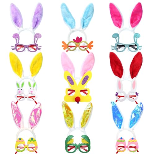 Oiuros 18PCS Easter Headbands and Glasses Frame - Easter Bunny Ears Rabbit Chick Eggs Easter Party Favors Costume Decoration Photo Booth Props Easter Party Gifts for Kids Adult