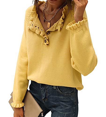 BTFBM Women's Sweaters Casual Long Sleeve Button Down Crew Neck Ruffle Knit Pullover Sweater Tops Solid Color Striped(Solid Yellow, Small)