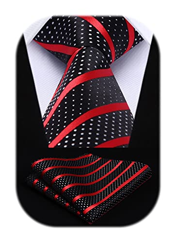 HISDERN Black Red Ties for Men Polka Dots Stripe Necktie Pocket Squares Woven Formal Business Neckties Handkerchief Set 63 Long Tie