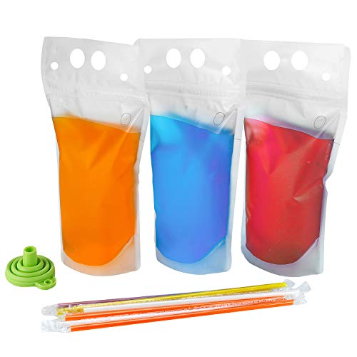 C CRYSTAL LEMON 100PCS Liquor Pouches, Drink Pouches for Adults with Straw Smoothie Bags Juice Pouches with 100 Drink Straws, Heavy Duty Hand-Held Translucent Reclosable Ice Drink Pouches Bag