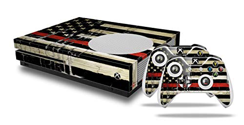 WraptorSkinz Decal Vinyl Skin Wrap Compatible with Xbox One S Console and Controllers - Painted Faded and Cracked Red Line USA American Flag