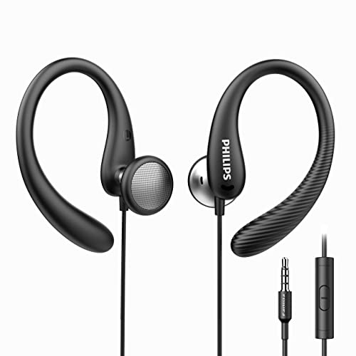 Philips Earbuds with Earhooks Over The Ear Earbuds, Wired Wrap Around Earbuds Earhook with Microphone, Flexible Sports in Ear Headphones for Running Workout Exercise Gym