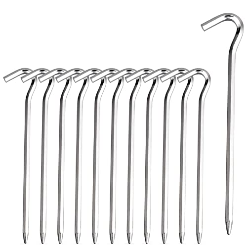 Tent Pegs - 12Pcs Aluminium Tent Stakes Pegs with Hook - 7' Hexagon Rod Stakes Nail Spike Garden Stakes Camping Pegs for Pitching Camping Tent, Canopies (Silver)